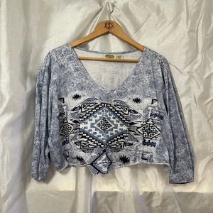 Plus VTG 90’s Western Native American Print Sequin Reworked Long Sleeve Crop Top